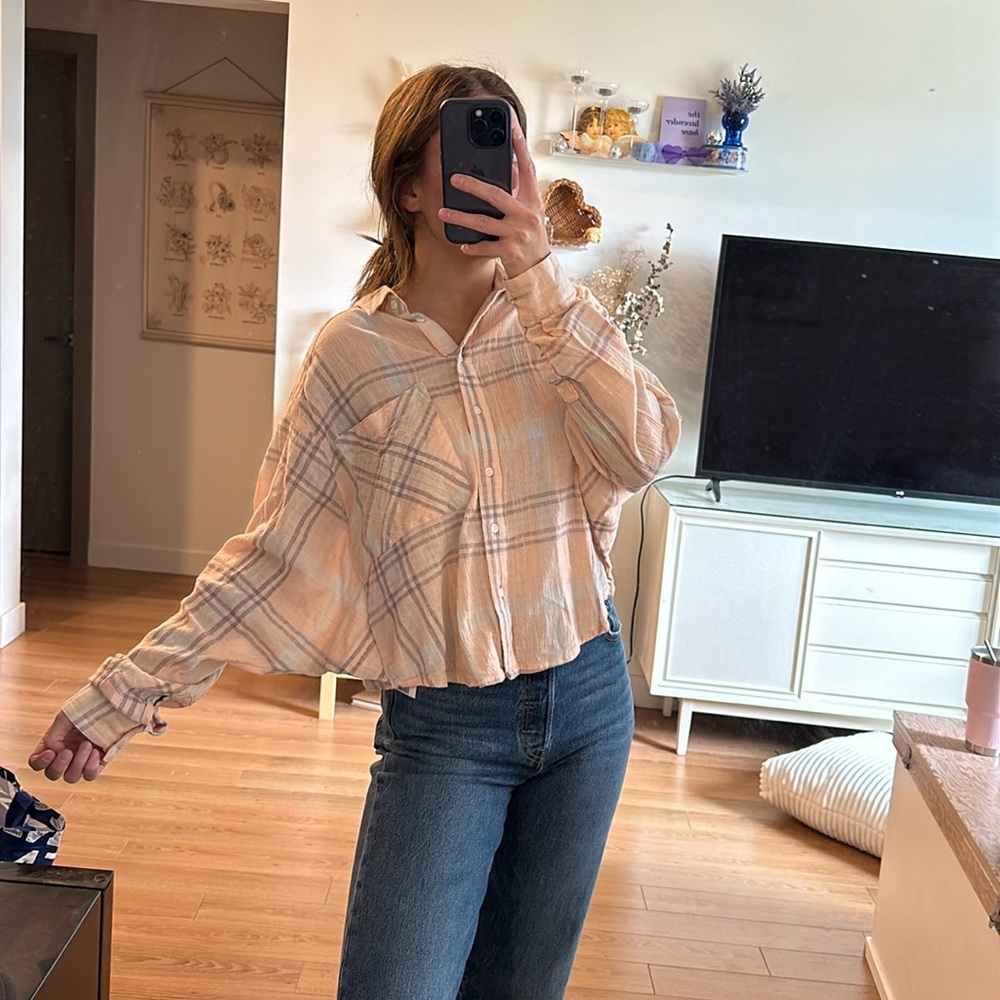 Free People Plaid Long Sleeve Top - Cream and Tan